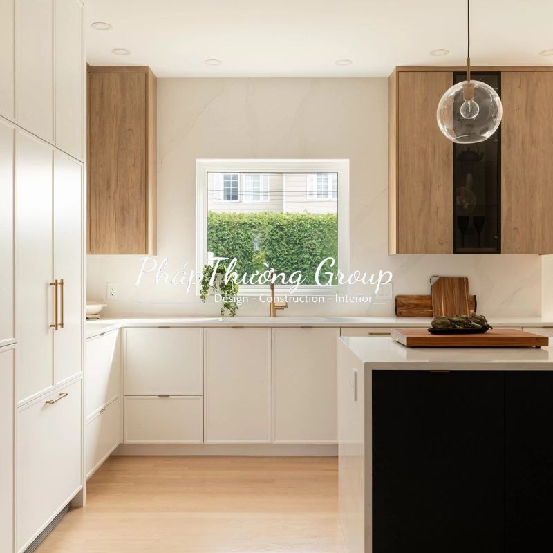 Tủ Bếp Gỗ MDF Hiện Đại Chữ L Kèm Đảo Bếp – M-K05
