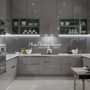 Tủ bếp Acrylic chữ U màu xám khói bóng gương sang trọng - A-K01