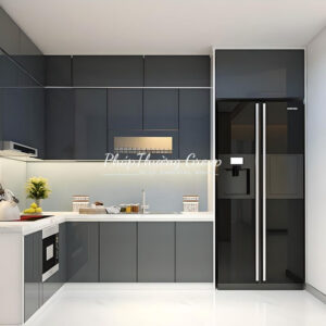 Tủ bếp chữ L nhỏ gọn màu đen bóng gương sang trọng - A-K05