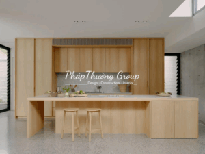 Tủ bếp gỗ Plywood màu nâu sáng ốp đá trắng vân mây - P-K02