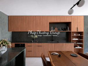 Tủ bếp gỗ Plywood chữ I kèm đảo bếp sang trọng – Mã P-K01
