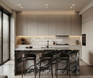 Tủ bếp MDF phủ Melamine - Cao kịch trần, màu cánh trắng hiện đại - M-K08