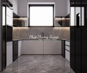 Tủ bếp MDF phủ Melamine - Kiểu dáng chữ U màu trắng hiện đại - M-K11